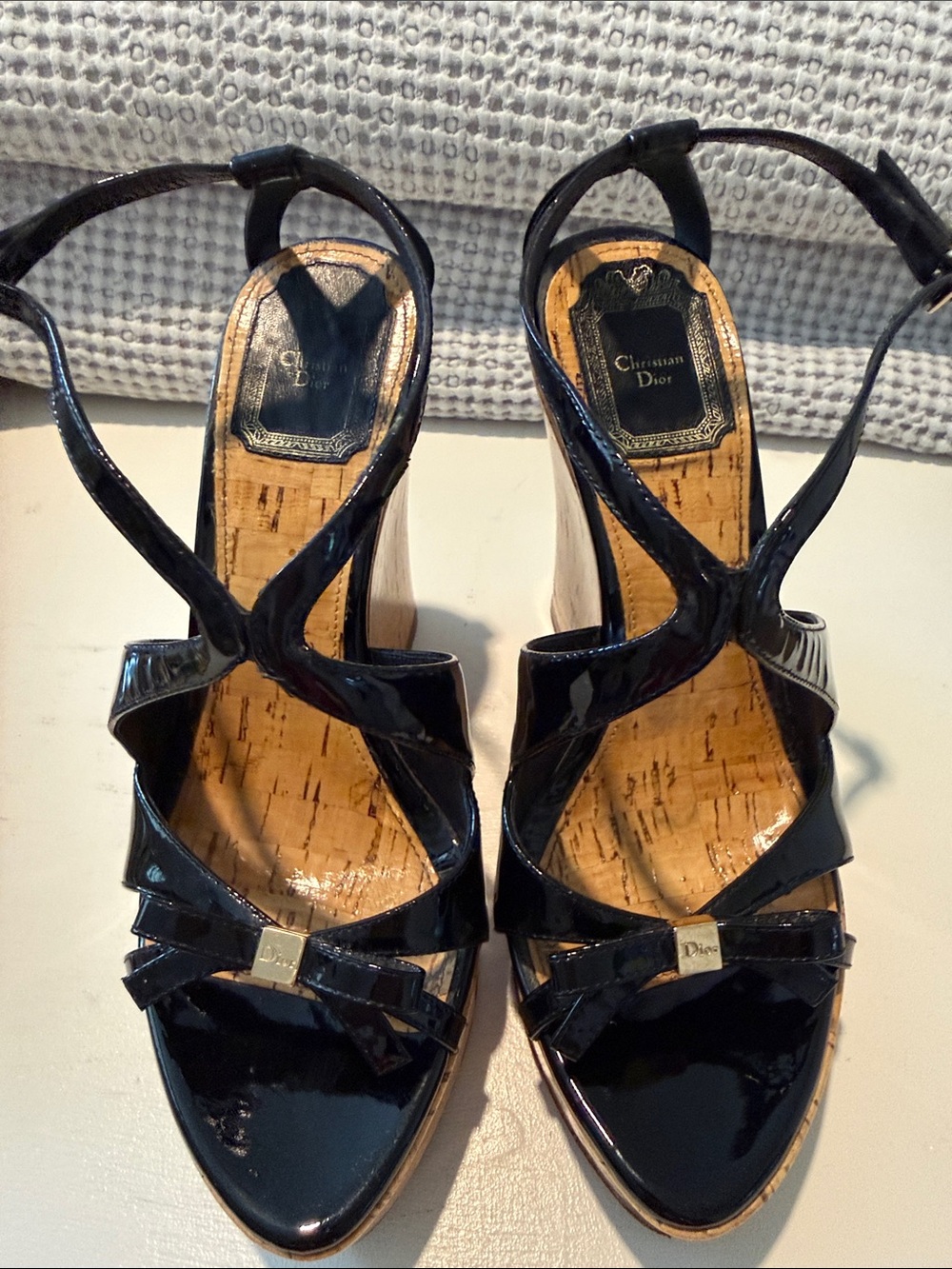 Christian Dior Black Patent Leather Cork Wedge Sandals with Bow Accent